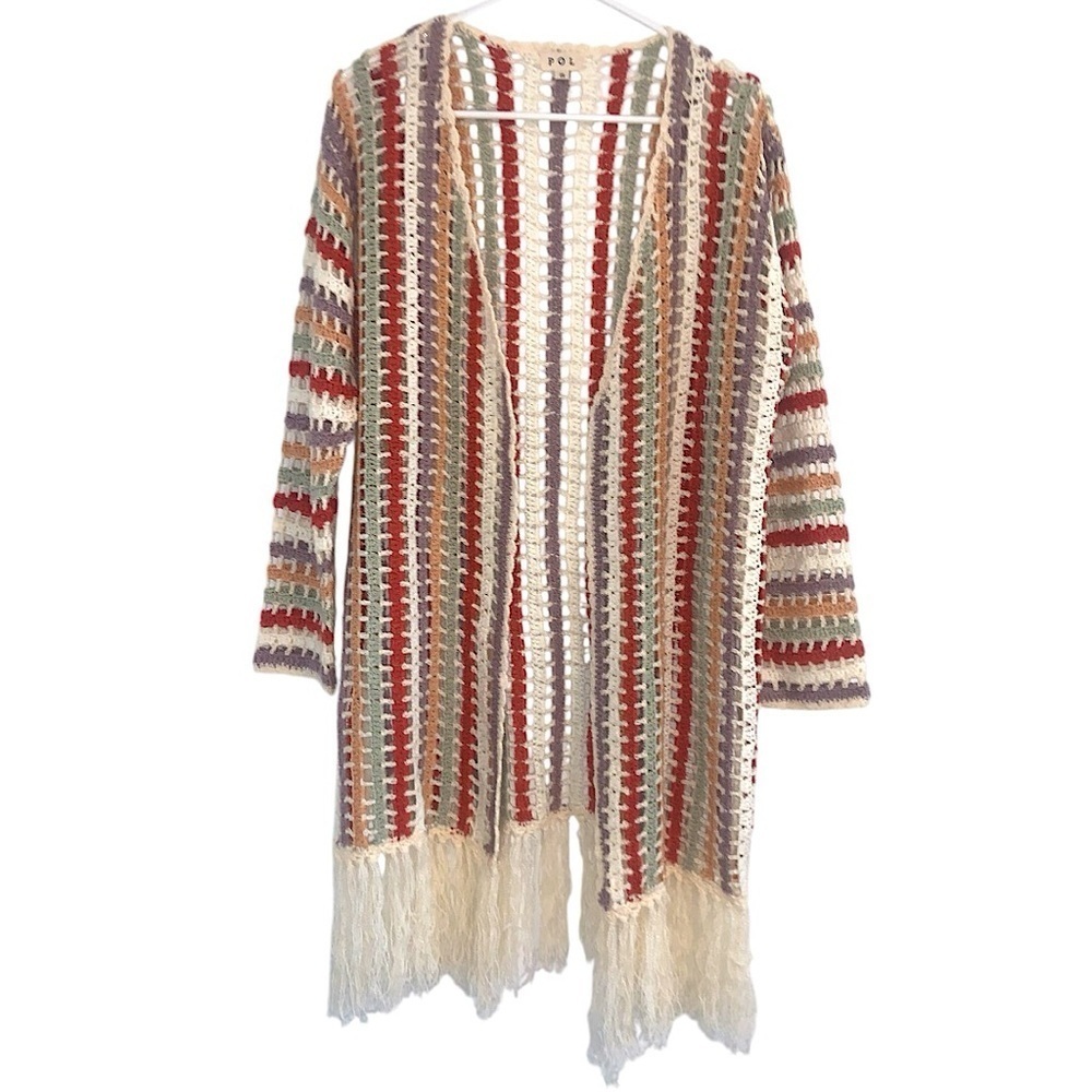 POL Boho Crochet Knit Fringe Open Cardigan